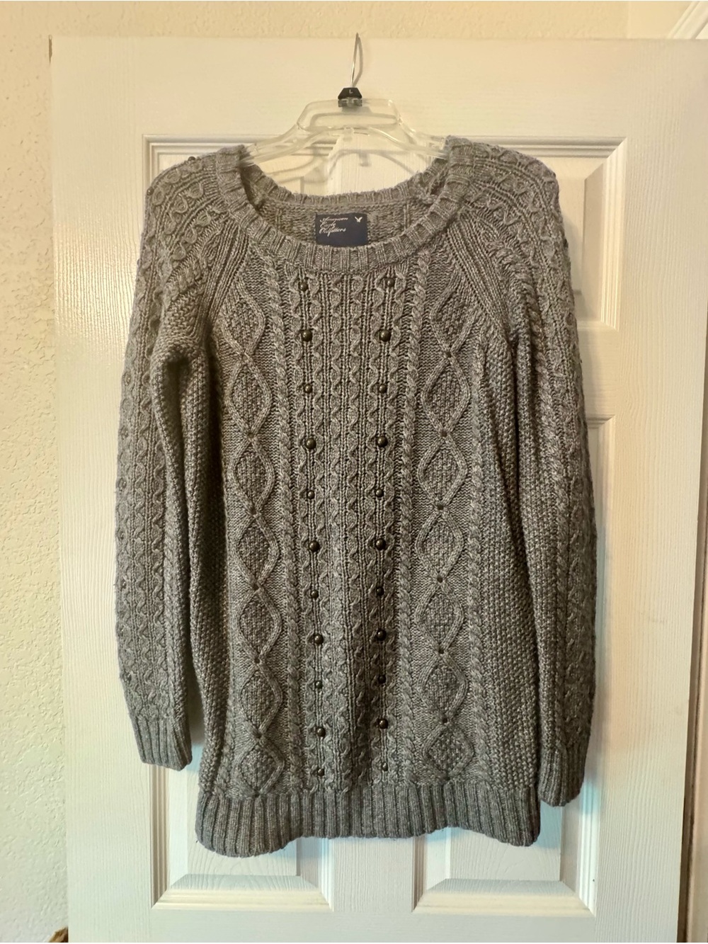 American Eagle Women’s Gray Cable Knit Crewneck Sweater with Stud Details
